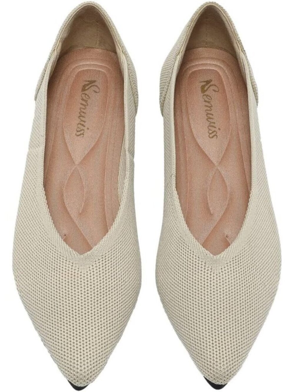 Women's Beige Ballet Flats Pointed Toe Comfortable Knit Slip On Casual Shoes